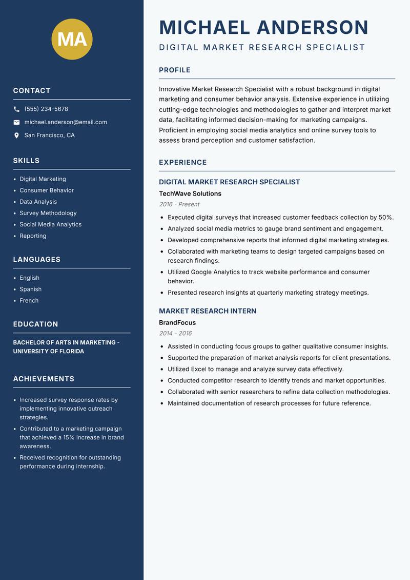 Market Research Specialist resume sample — Digital Market Research Specialist focus