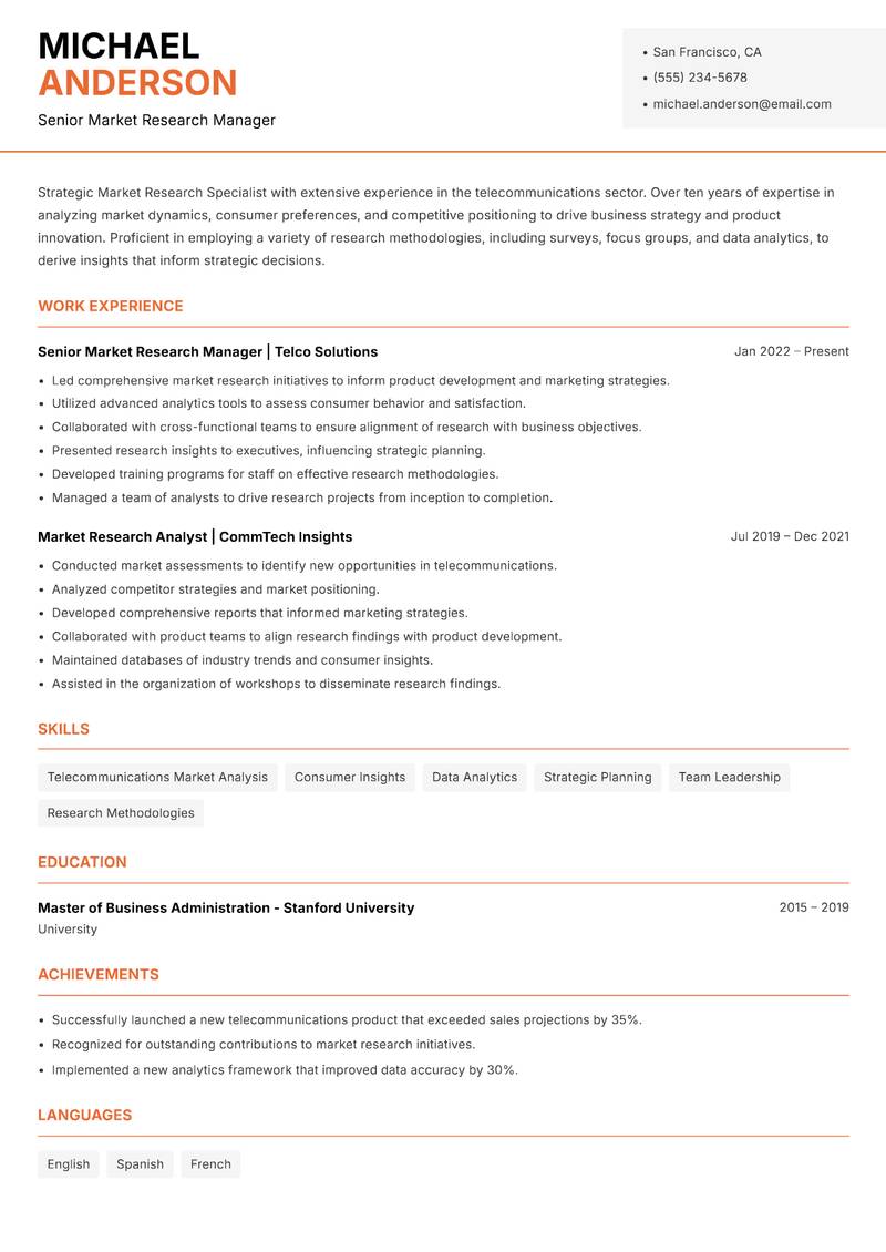 Market Research Specialist resume sample — Senior Market Research Manager focus