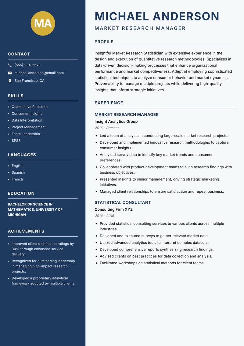 Market Research Statistician resume sample — Market Research Manager focus
