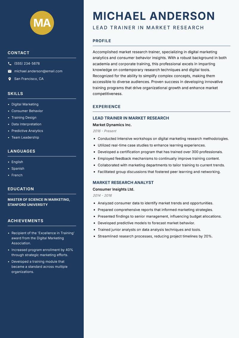 Market Research Trainer resume sample — Lead Trainer in Market Research focus