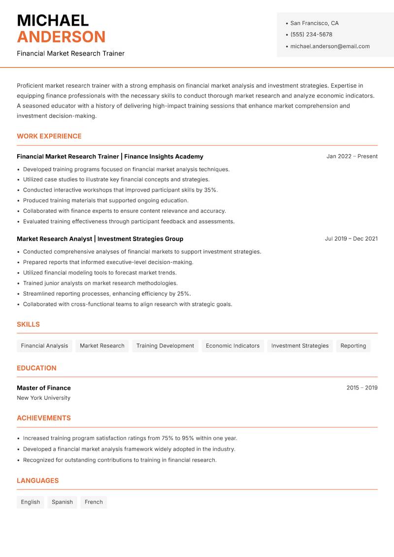 Market Research Trainer resume sample — Financial Market Research Trainer focus