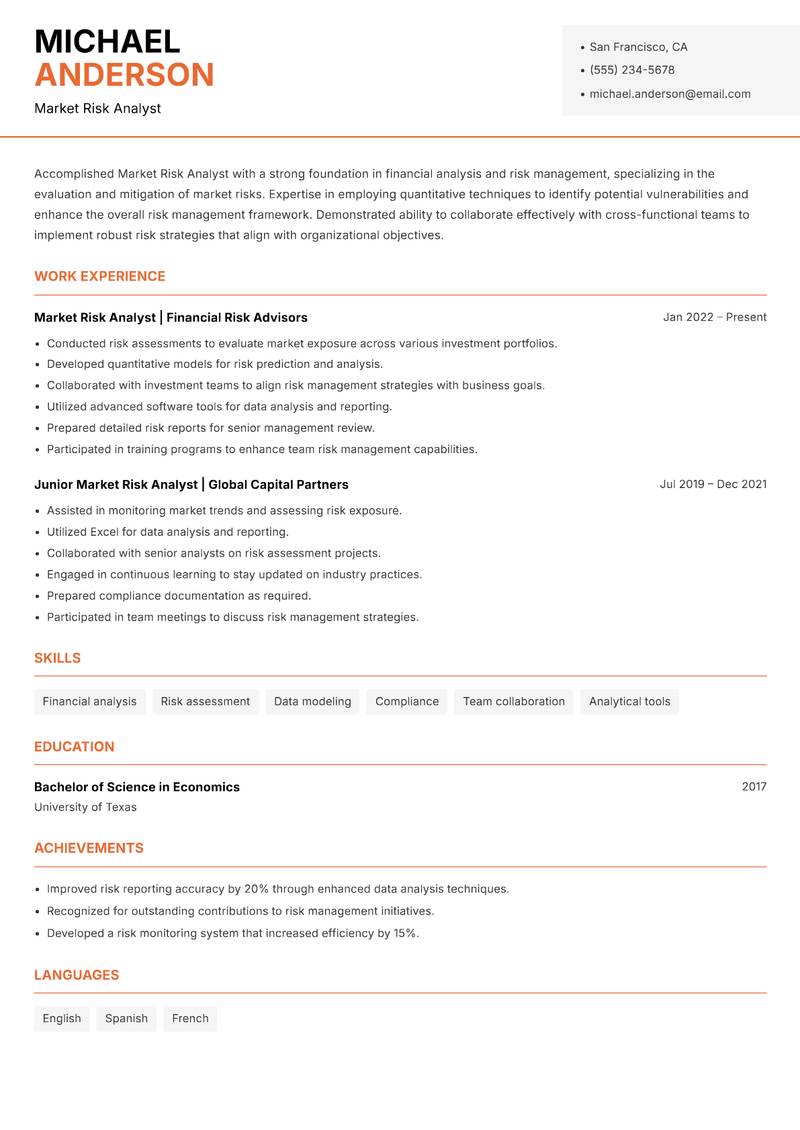 Market Risk Analyst resume sample — Market Risk Analyst focus