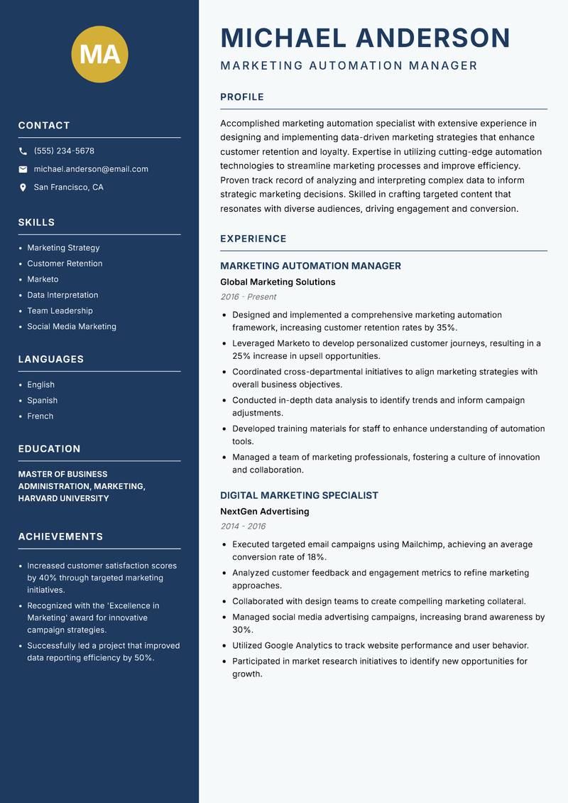 Marketing Automation Specialist resume sample — Marketing Automation Manager focus