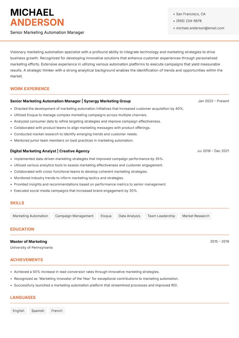 Marketing Automation Specialist resume sample — Senior Marketing Automation Manager focus