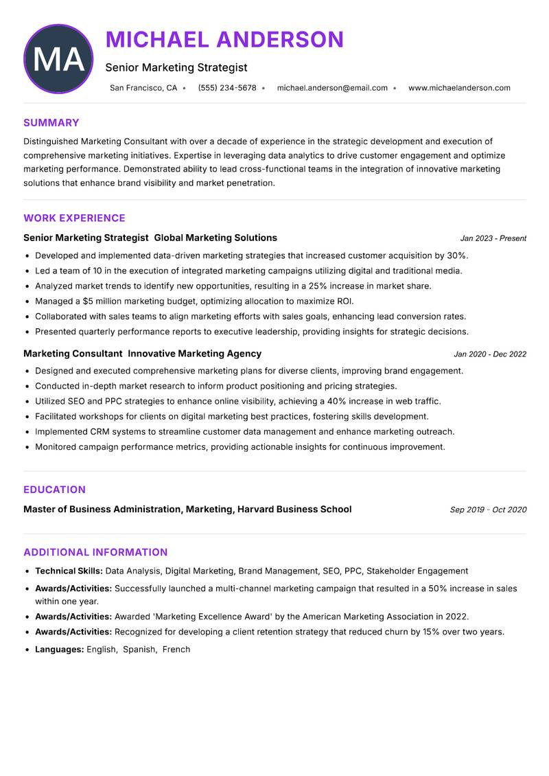 Marketing Consultant resume example
