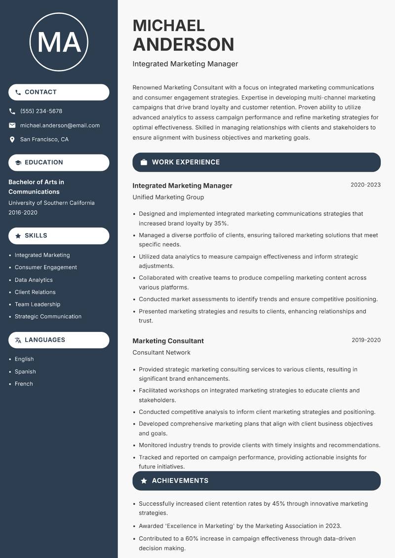 Marketing Consultant resume sample — Integrated Marketing Manager focus