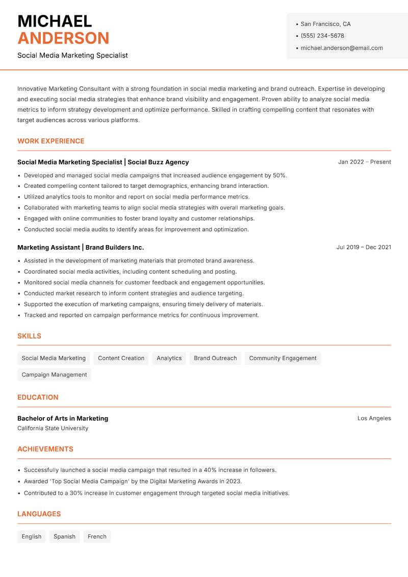 Marketing Consultant resume sample — Social Media Marketing Specialist focus