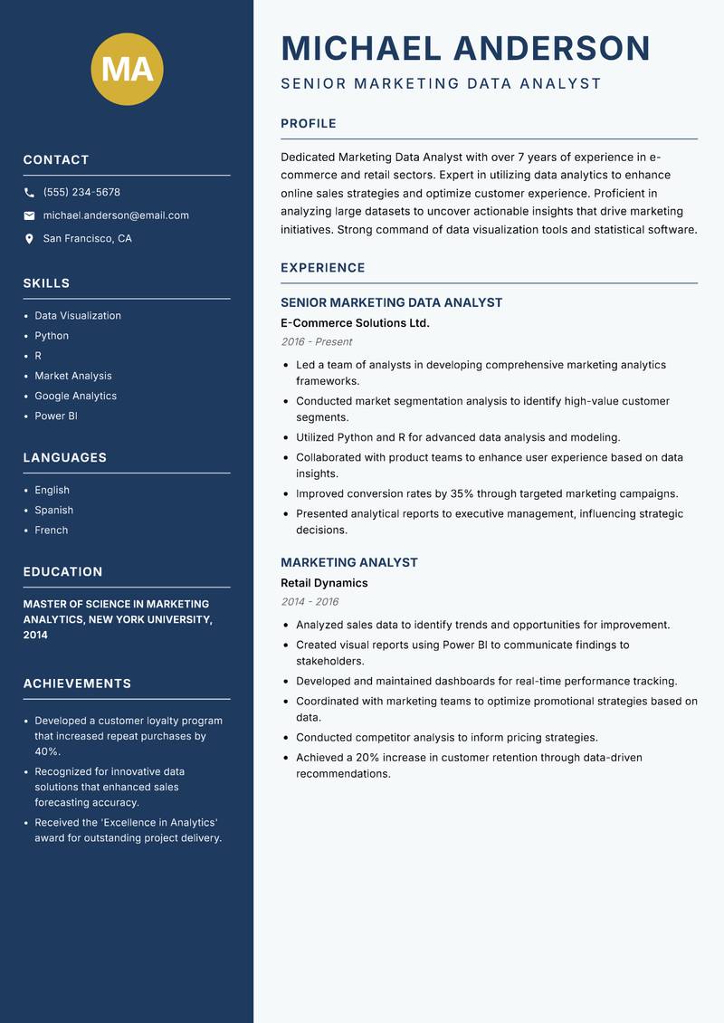 Marketing Data Analyst resume sample — Senior Marketing Data Analyst focus
