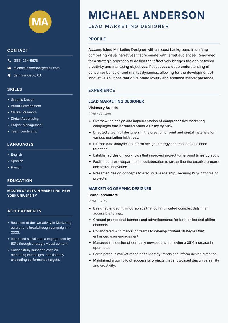 Marketing Designer resume sample — Lead Marketing Designer focus