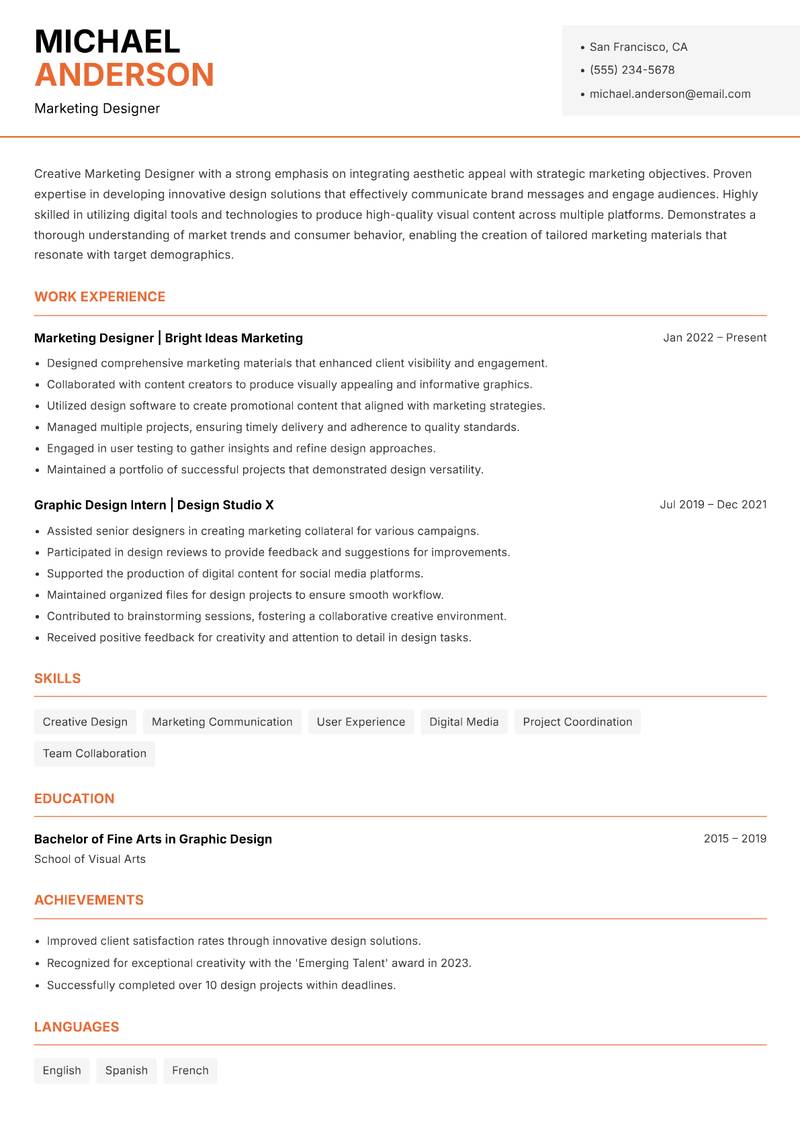 Marketing Designer resume sample — Marketing Designer focus
