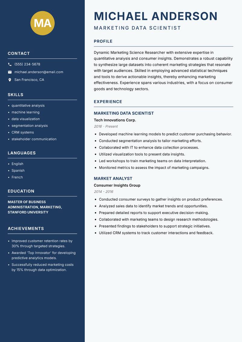 Marketing Science Researcher resume sample — Marketing Data Scientist focus