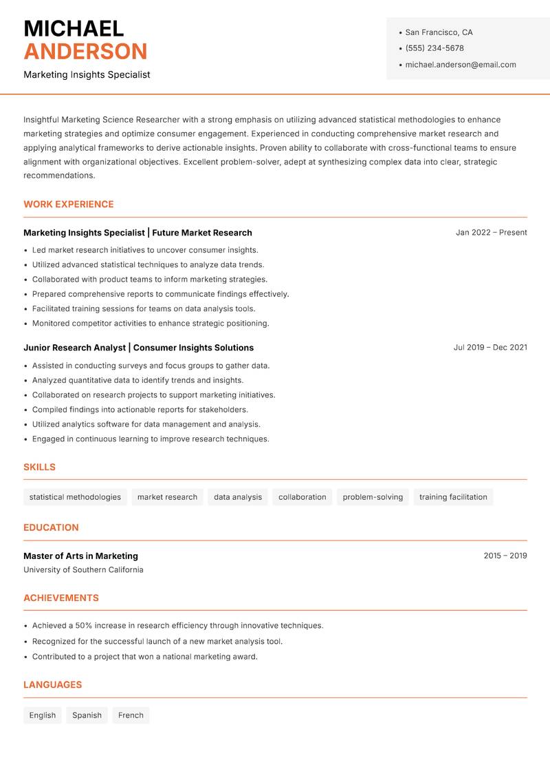 Marketing Science Researcher resume sample — Marketing Insights Specialist focus