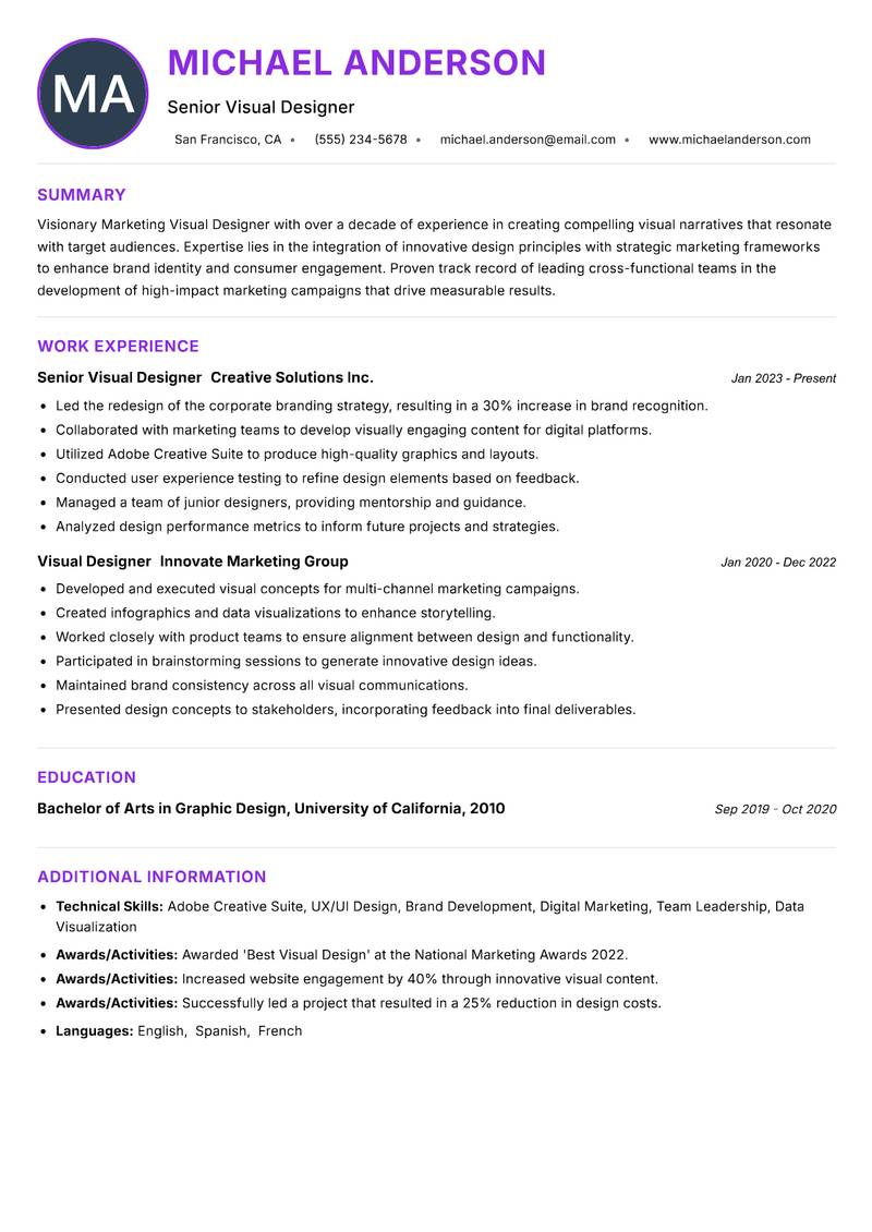 Marketing Visual Designer resume example