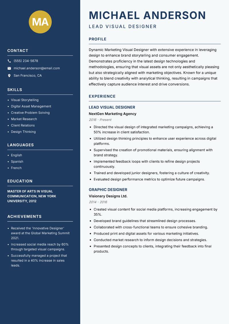 Marketing Visual Designer resume sample — Lead Visual Designer focus