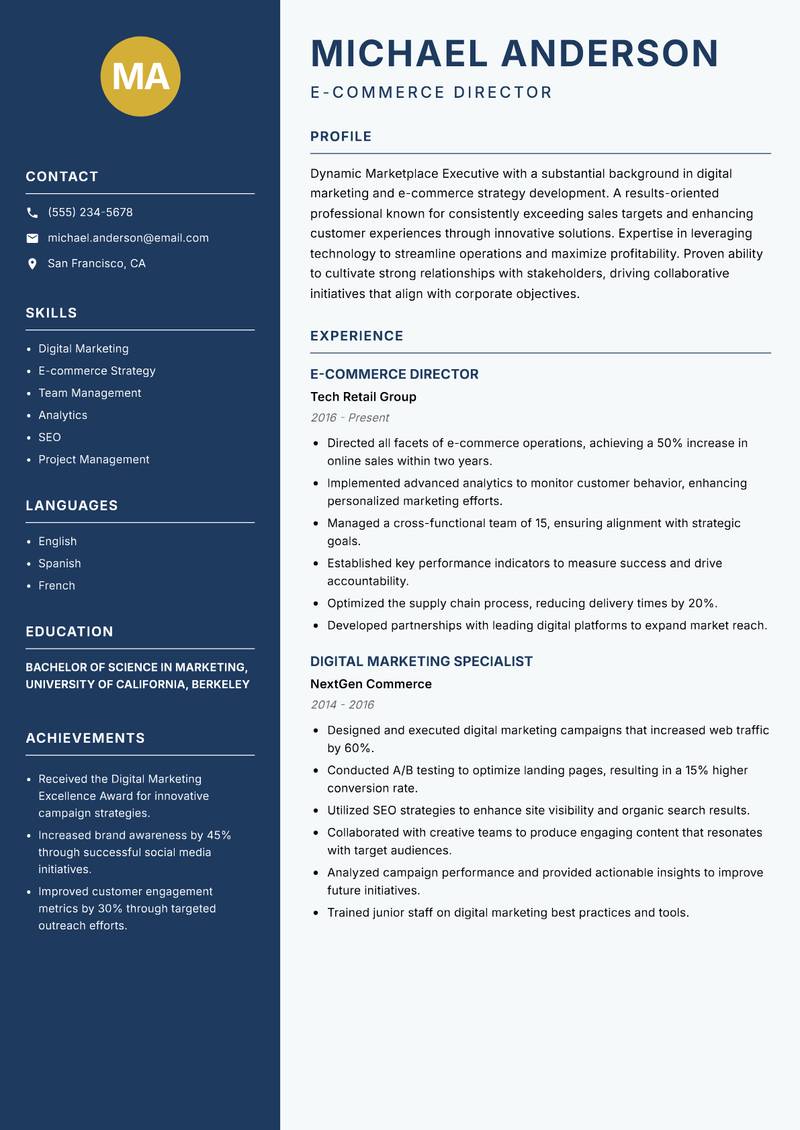 Marketplace Executive resume sample — E-commerce Director focus