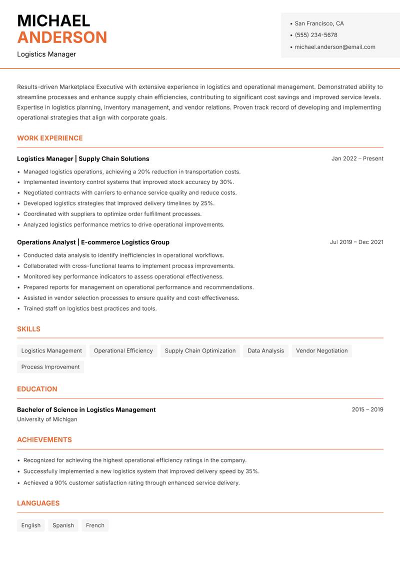Marketplace Executive resume sample — Logistics Manager focus