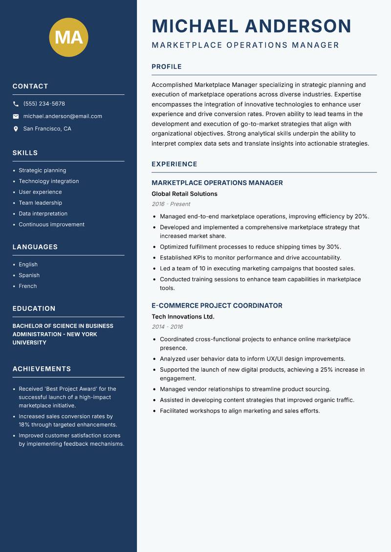 Marketplace Manager resume sample — Marketplace Operations Manager focus