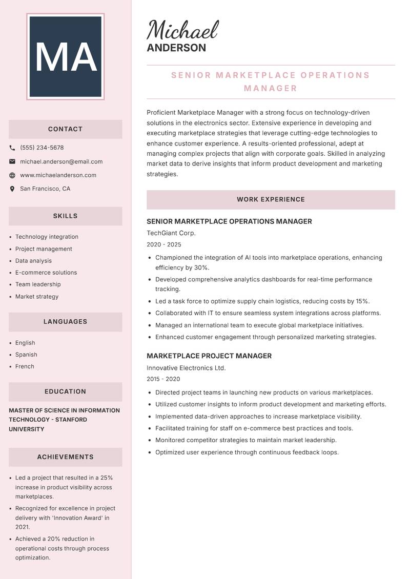 Marketplace Manager resume sample — Senior Marketplace Operations Manager focus