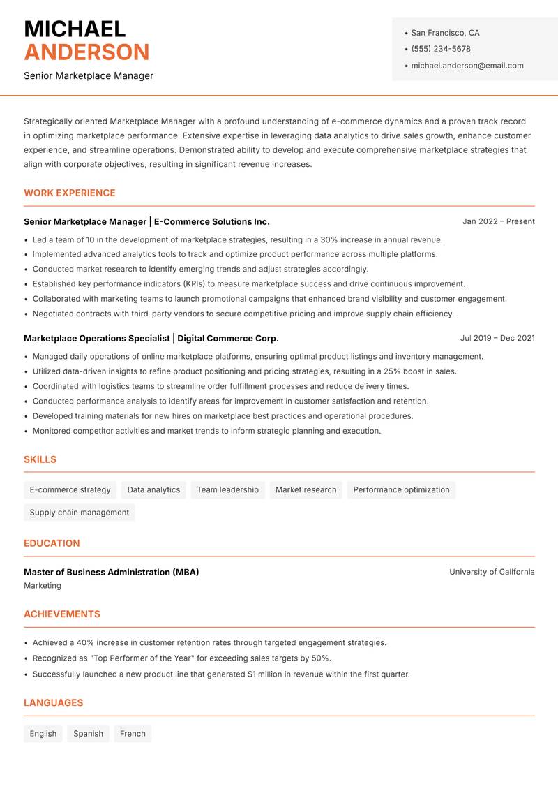 Marketplace Manager resume sample — Senior Marketplace Manager focus