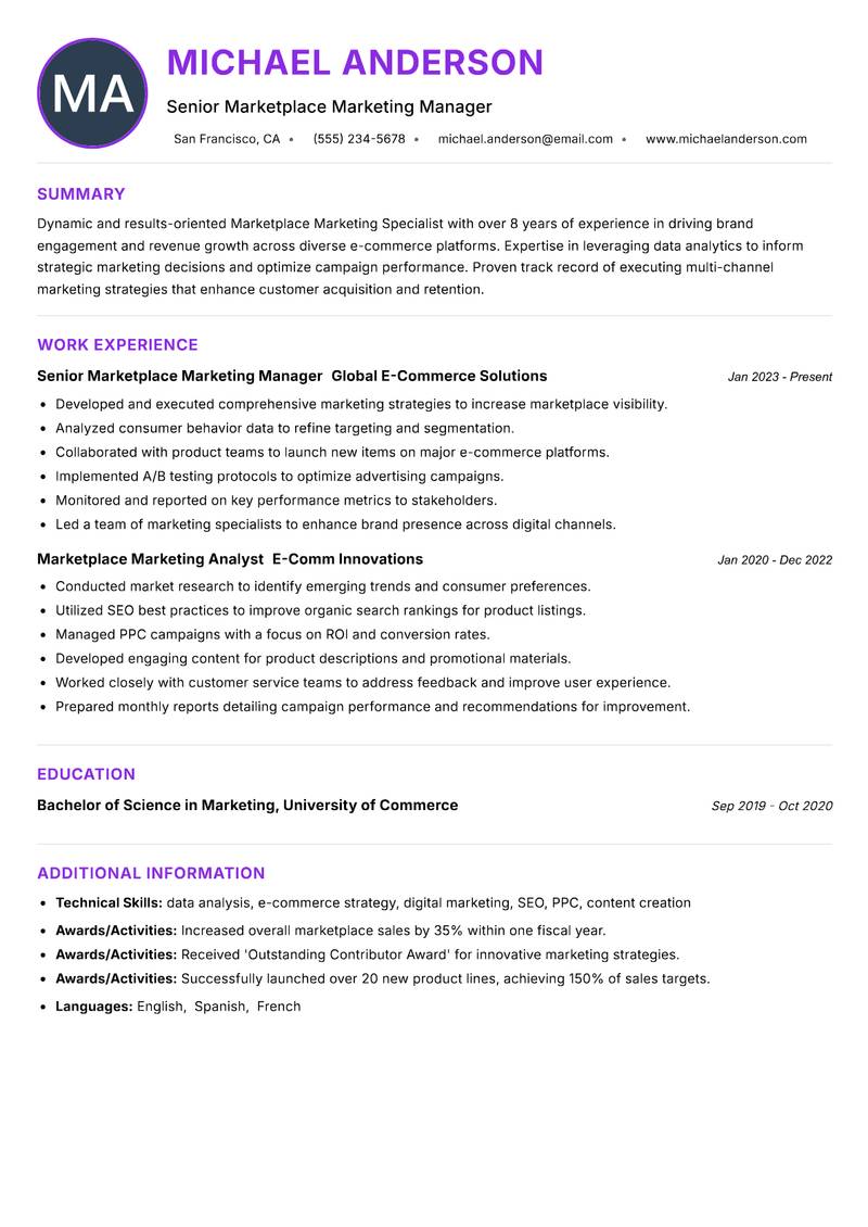 Marketplace Marketing Specialist resume example