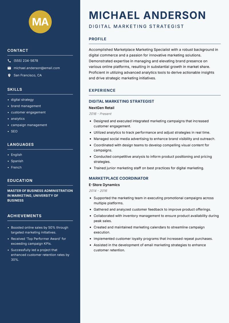 Marketplace Marketing Specialist resume sample — Digital Marketing Strategist focus