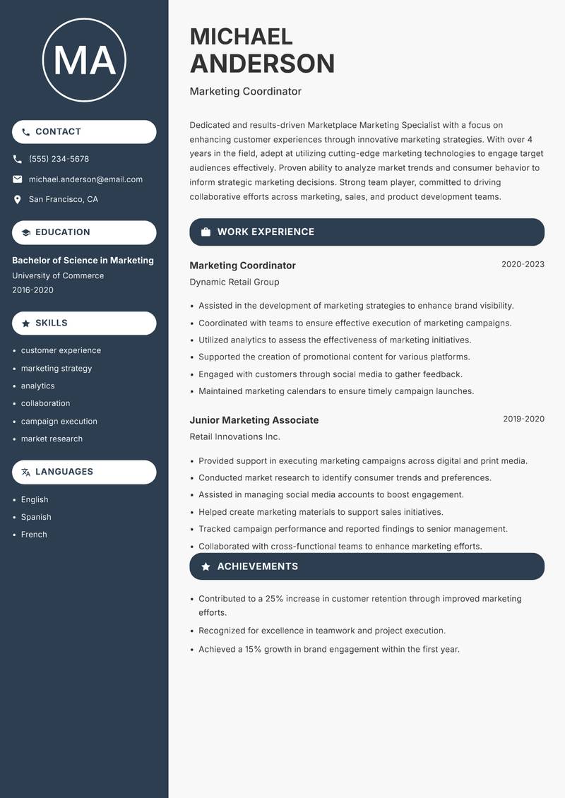 Marketplace Marketing Specialist resume sample — Marketing Coordinator focus