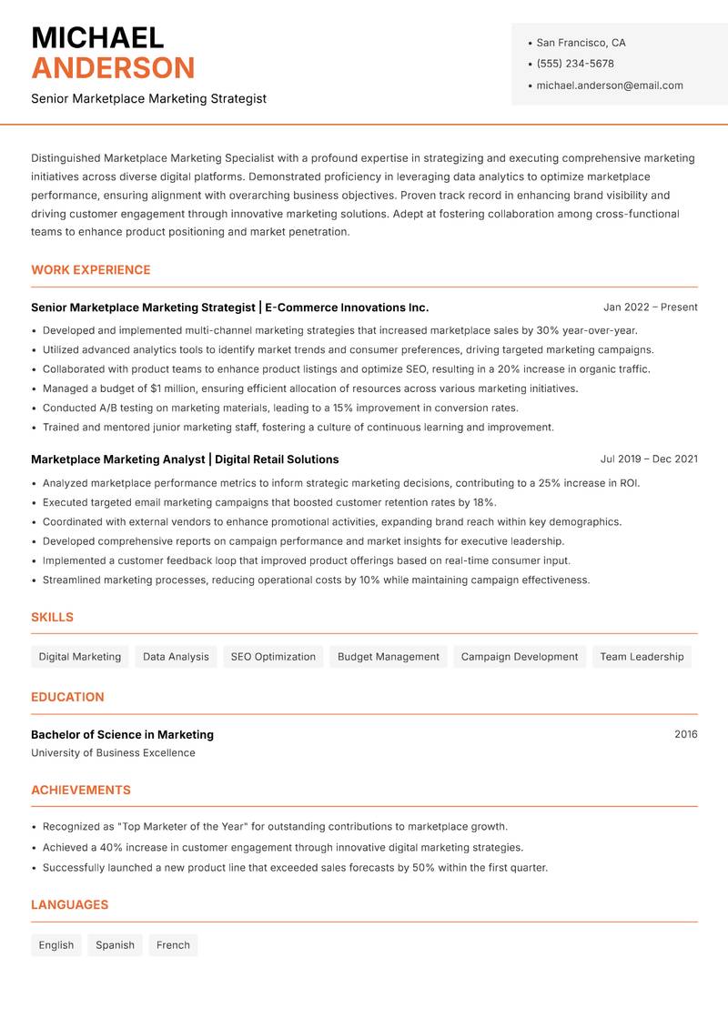 Marketplace Marketing Specialist resume sample — Senior Marketplace Marketing Strategist focus