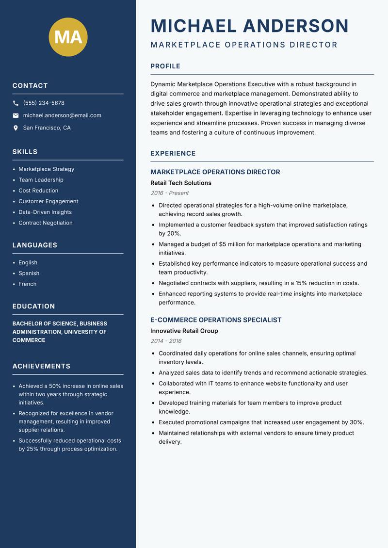 Marketplace Operations Executive resume sample — Marketplace Operations Director focus