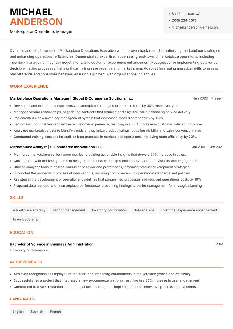 Marketplace Operations Executive resume sample — Marketplace Operations Manager focus