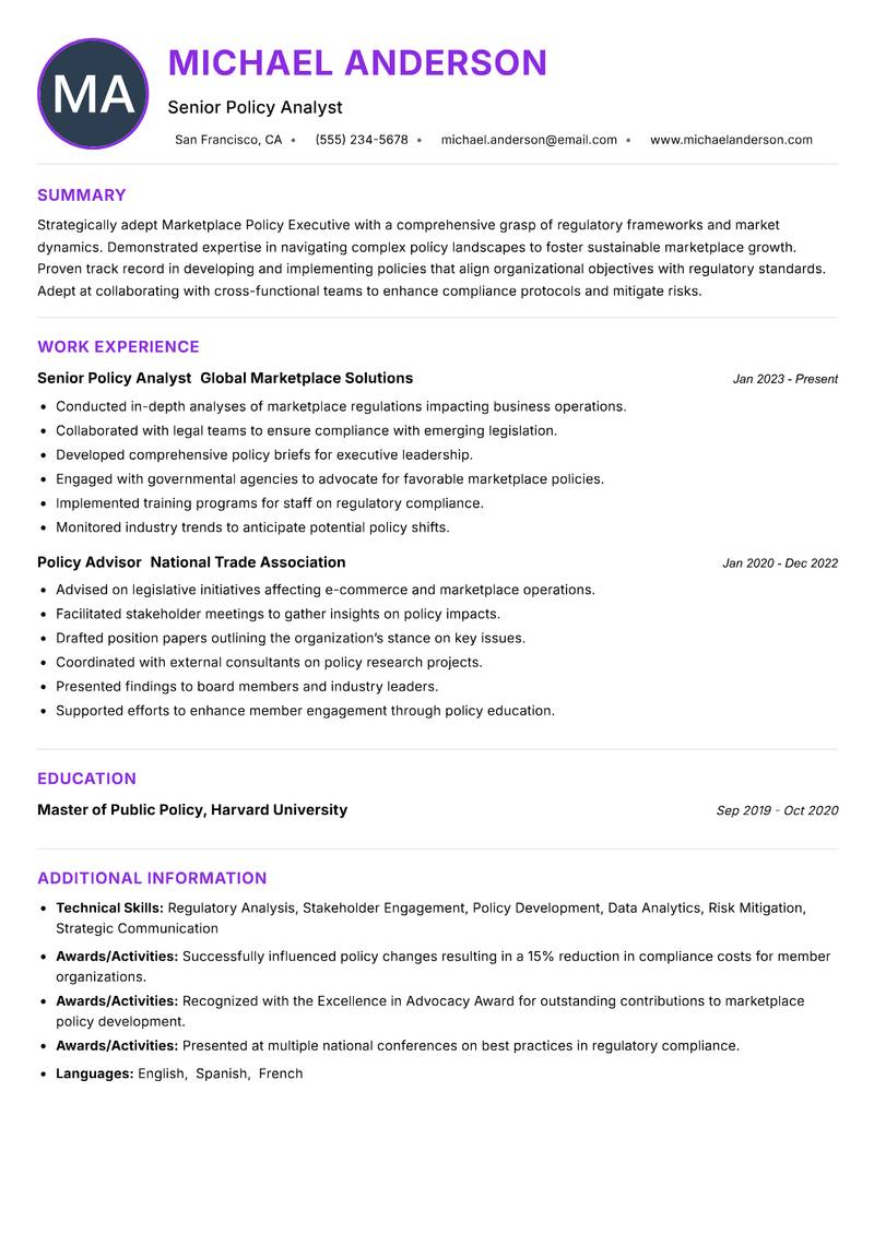 Marketplace Policy Executive resume example