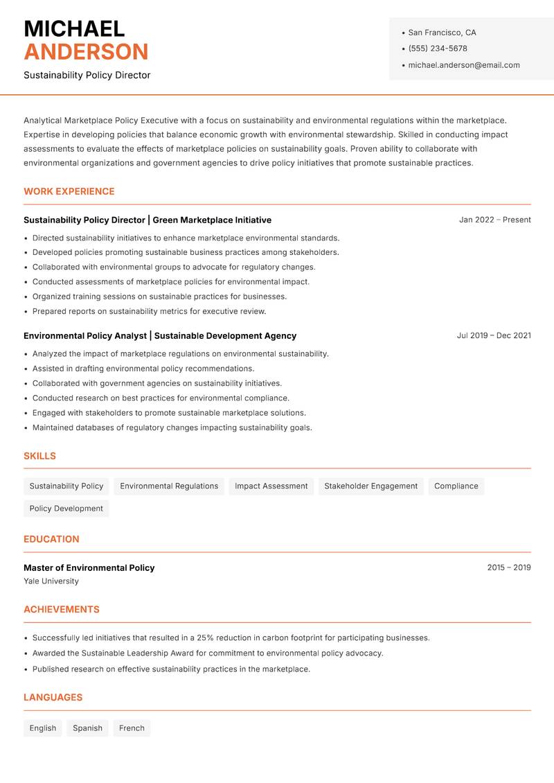 Marketplace Policy Executive resume sample — Sustainability Policy Director focus