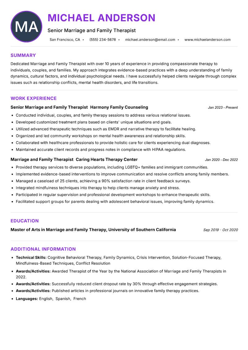 Marriage and Family Therapist resume example