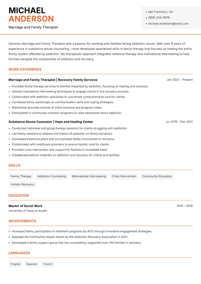 Marriage and Family Therapist resume sample — Marriage and Family Therapist focus