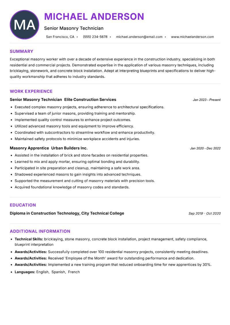 Masonry Worker resume example
