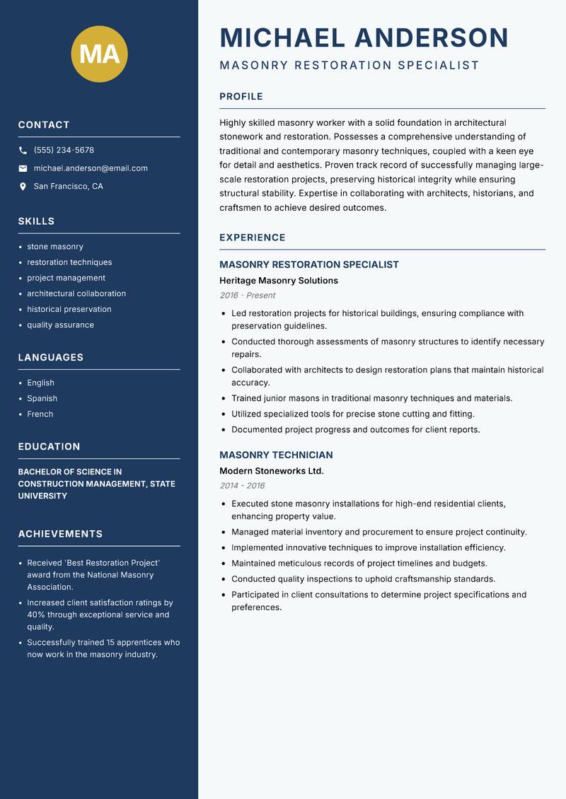 Masonry Worker resume sample — Masonry Restoration Specialist focus