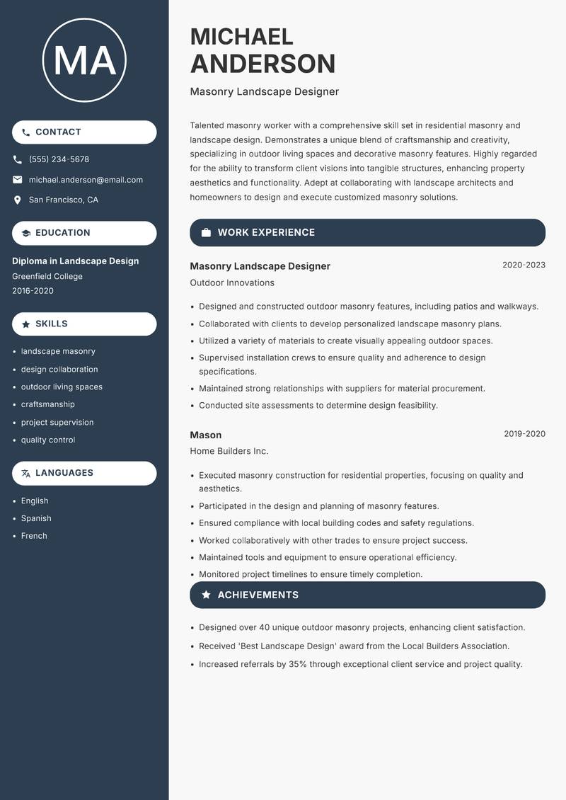 Masonry Worker resume sample — Masonry Landscape Designer focus