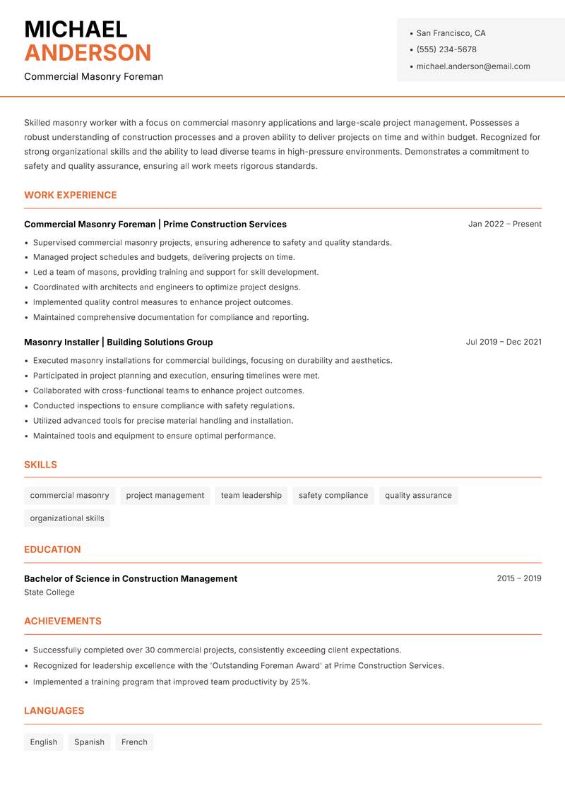 Masonry Worker resume sample — Commercial Masonry Foreman focus