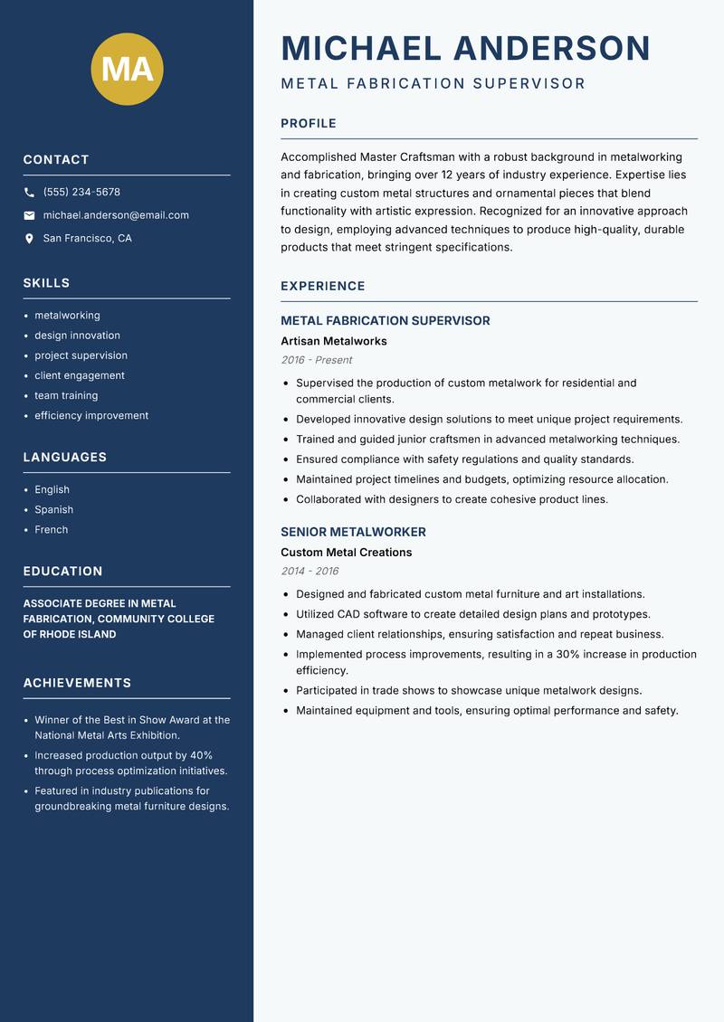 Master Craftsman resume sample — Metal Fabrication Supervisor focus