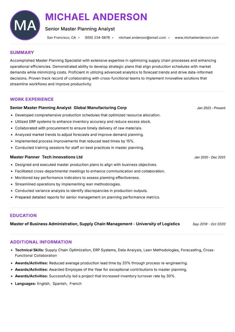 Master Planning Specialist resume example