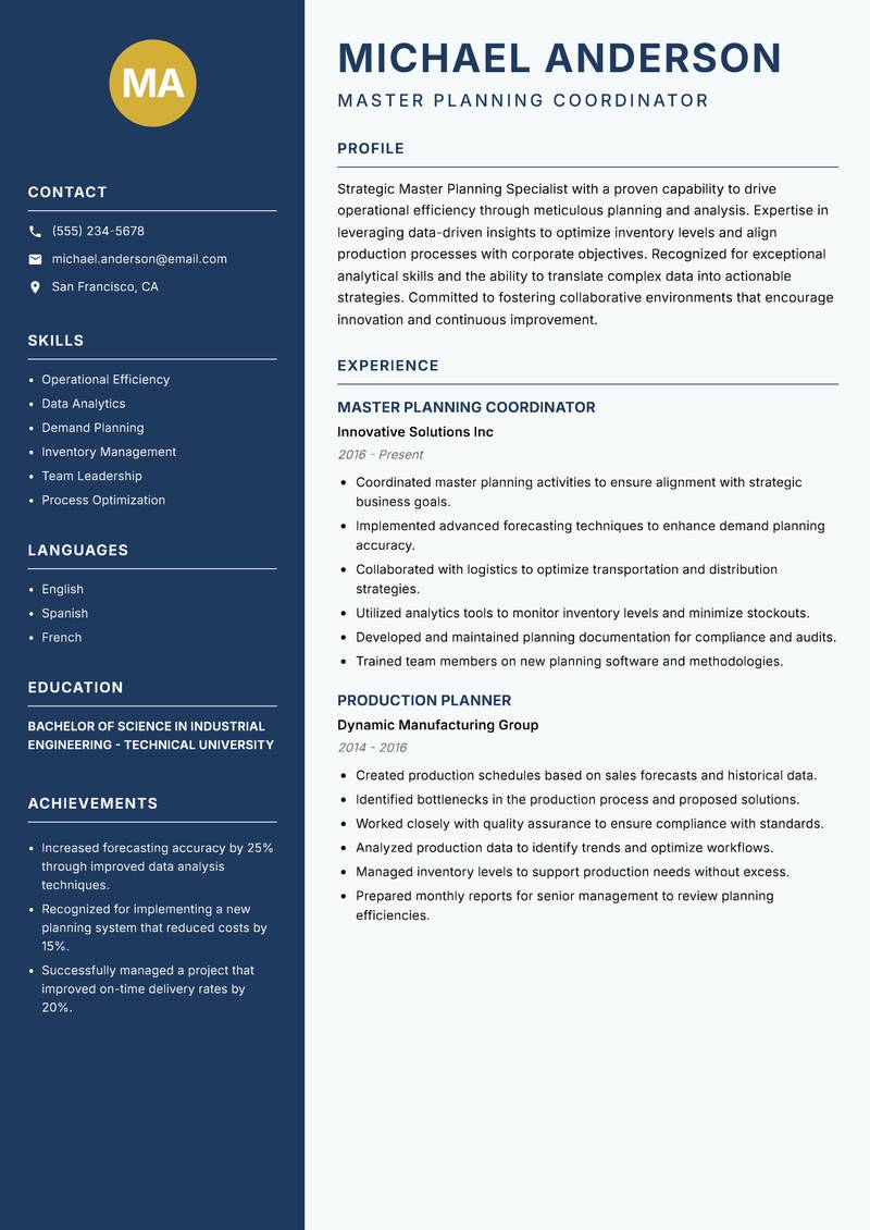 Master Planning Specialist resume sample — Master Planning Coordinator focus