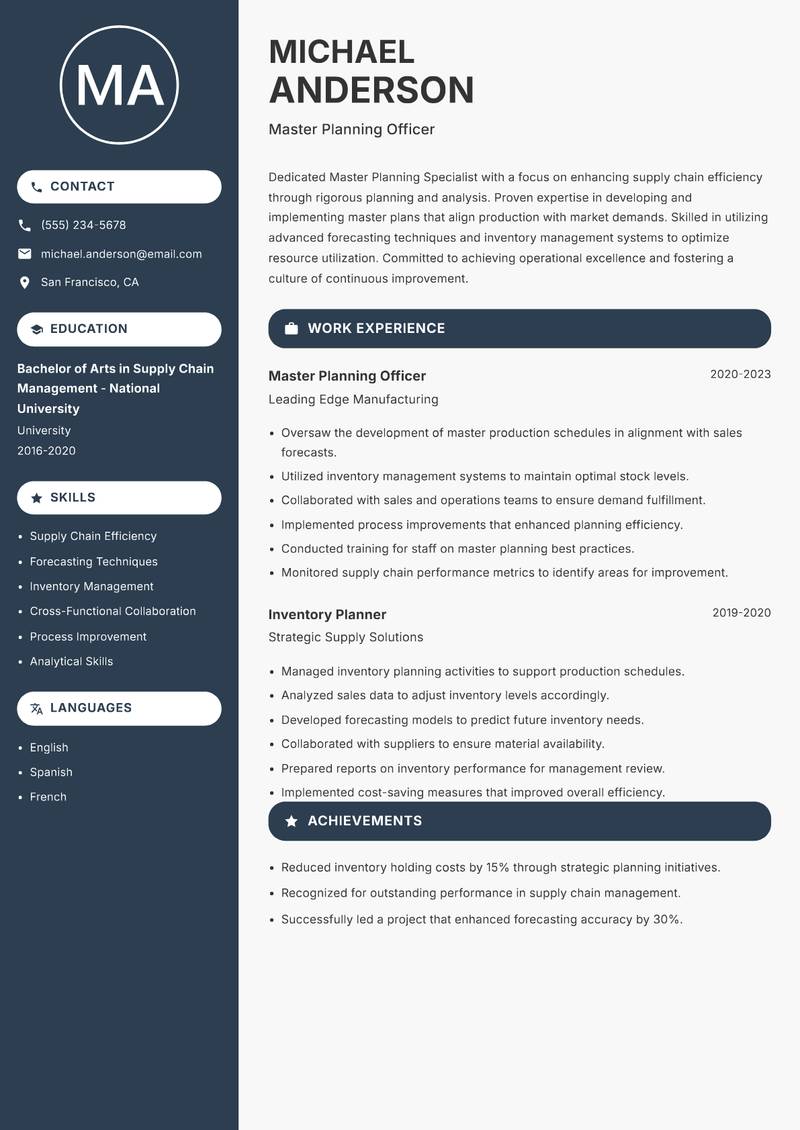 Master Planning Specialist resume sample — Master Planning Officer focus
