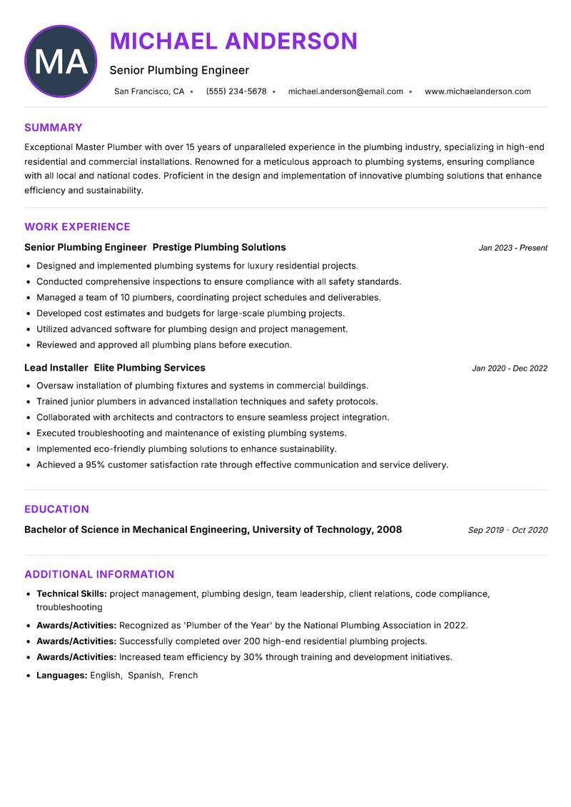 Master Plumber resume example
