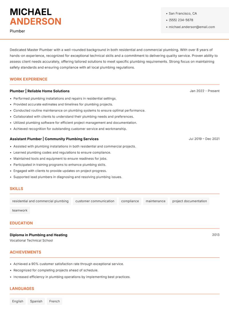 Master Plumber resume sample — Plumber focus