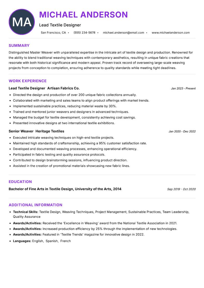 Master Weaver resume example