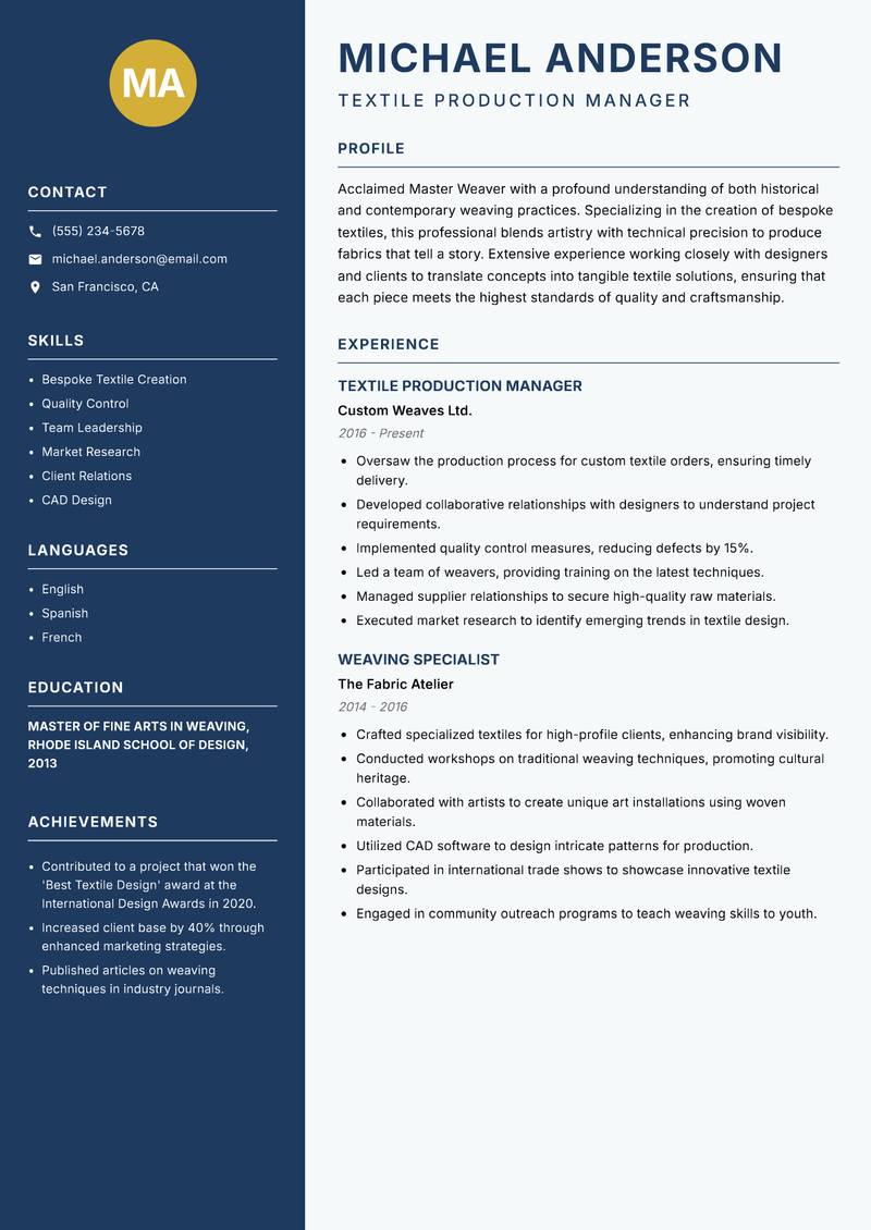 Master Weaver resume sample — Textile Production Manager focus