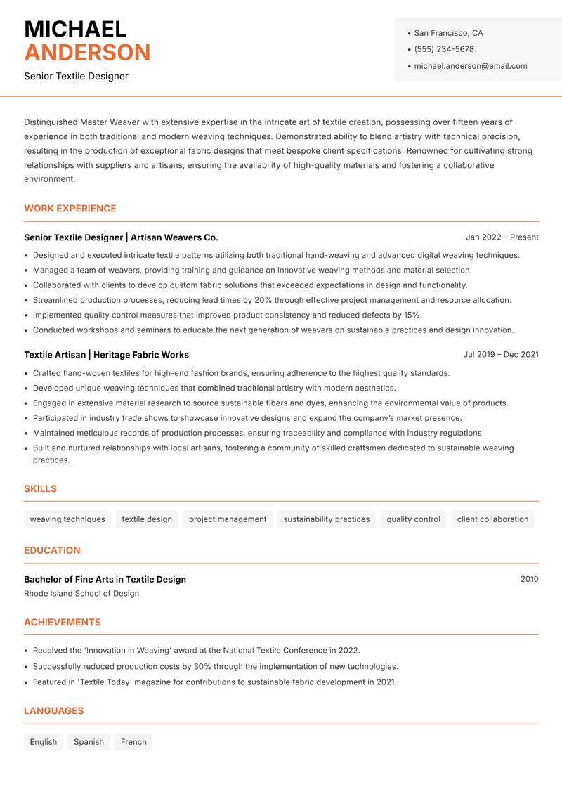 Master Weaver resume sample — Senior Textile Designer focus