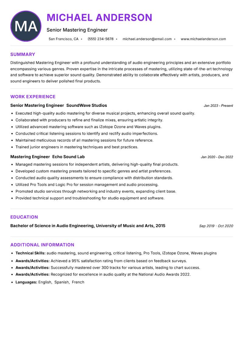 Mastering Engineer resume example