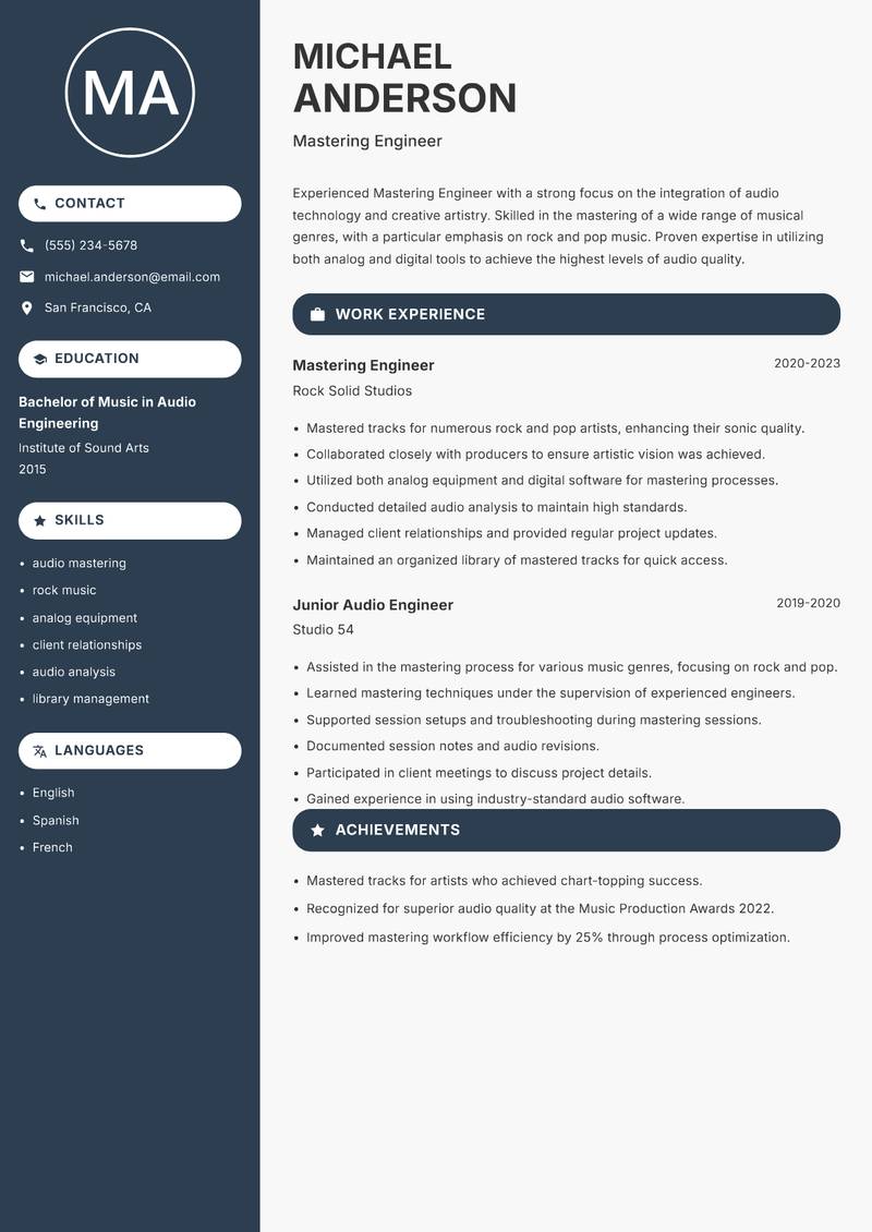 Mastering Engineer resume sample — Mastering Engineer focus