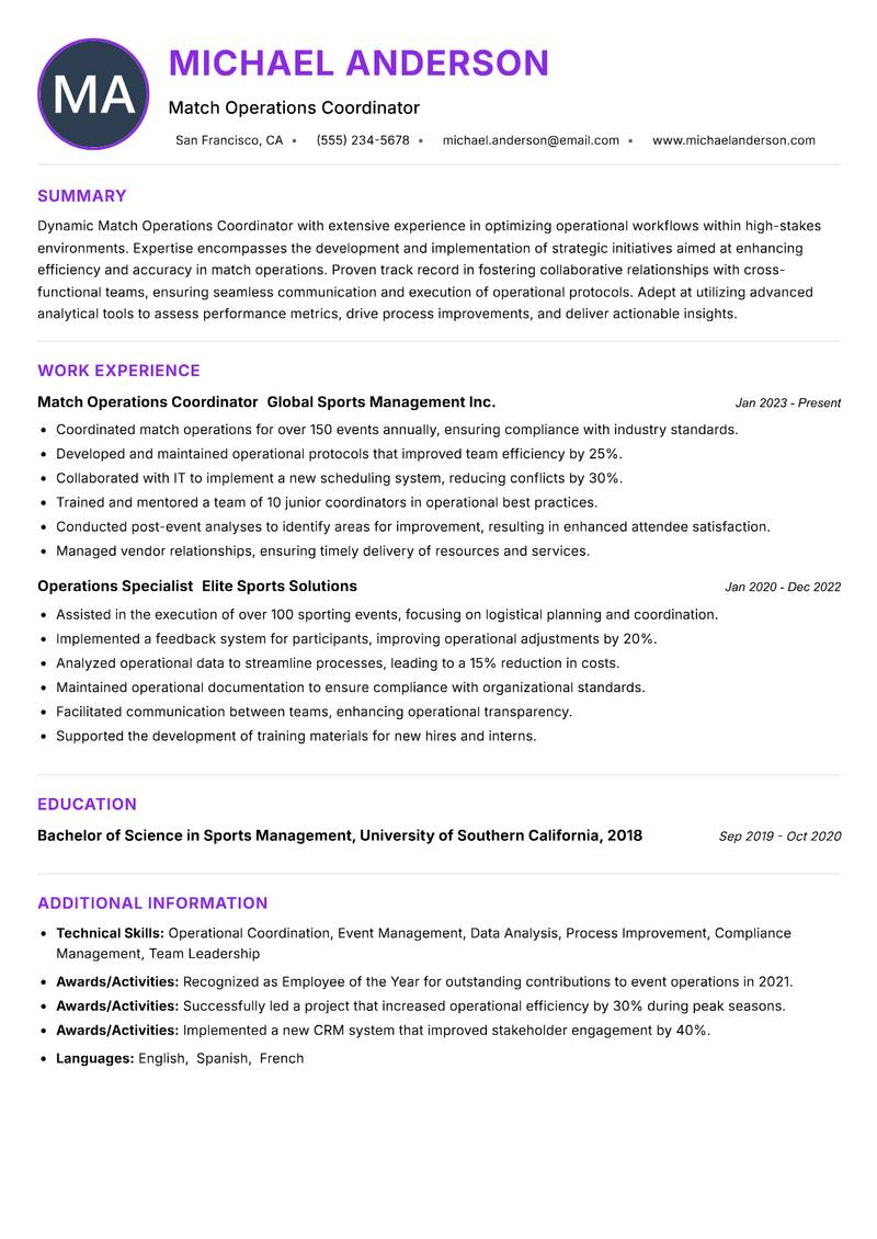 Match Operations Coordinator resume example