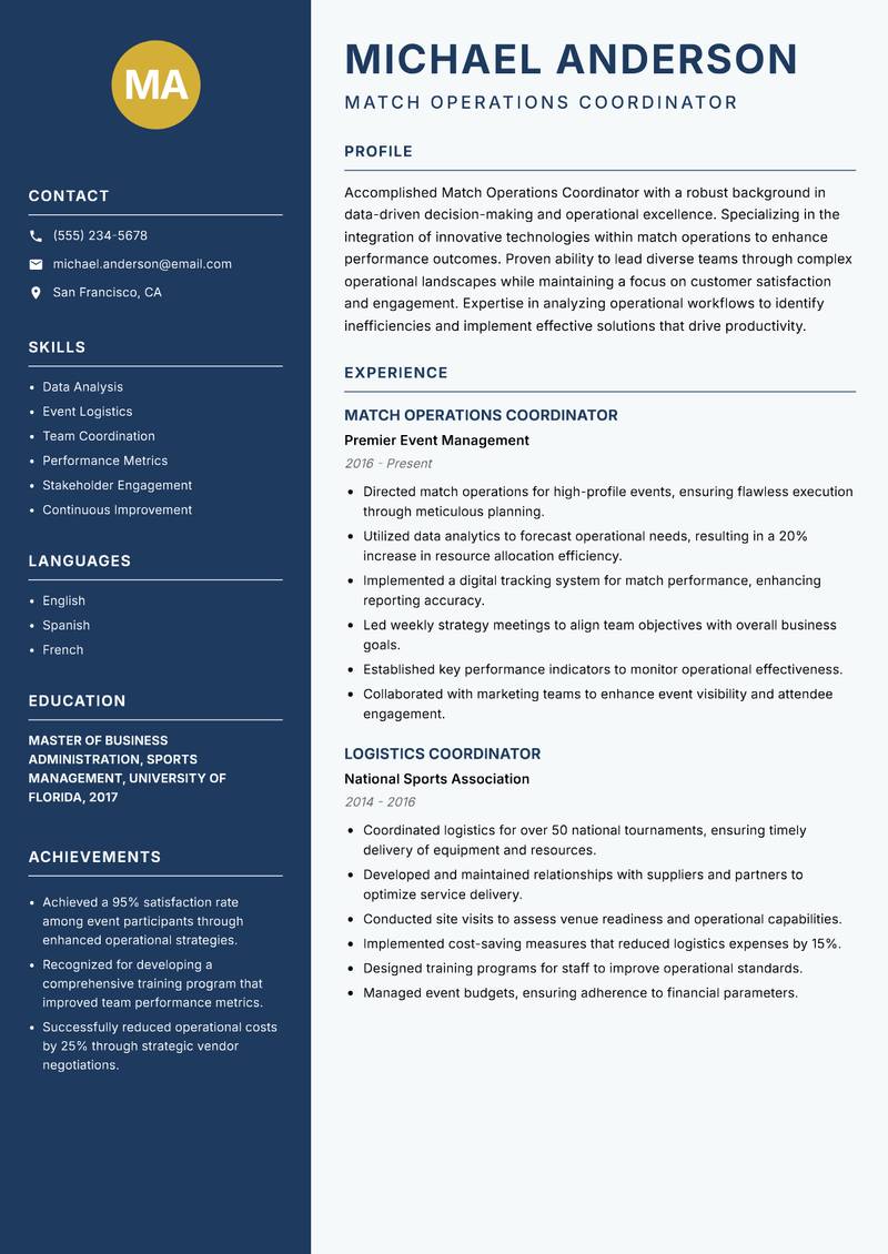 Match Operations Coordinator resume sample — Match Operations Coordinator focus